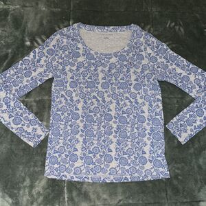 Tommy Hilfiger Shirt Women's M Gray Blue Floral Cotton Logo Round Neck Pullover